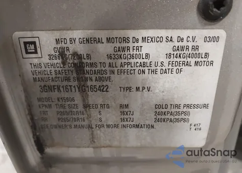 2000 Chevrolet Suburban 1500 Ls из США, поврежденный, VIN 3GNFK16T1YG165422